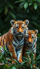 Obraz premium Majestic tigers resting in lush greenery during a tranquil moment in the wild