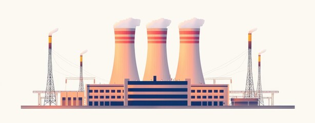 A stylized illustration of a power plant featuring cooling towers, smokestacks, and industrial structures, representing energy production.