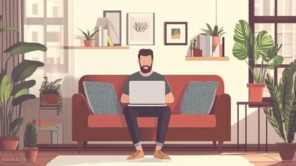 Man working from home on laptop, sitting on sofa in sunlit living room with plants.