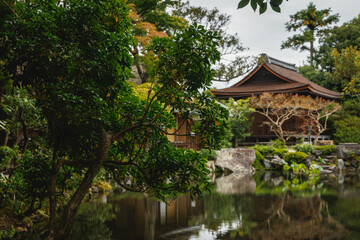 Fototapeta premium A tranquil Japanese Garden with a serene pond and traditional architecture showcasing culture