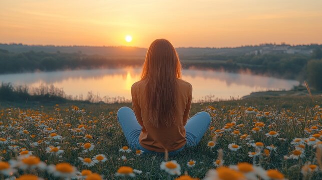 Woman meditates in daisy field at sunset. - Powered by Adobe