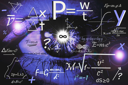 F&oacute;rmulas f&iacute;sicas y matem&aacute;ticas con sumas, restas, divisiones, raices cuadradas, coordenadas, teor&iacute;as e interrogantes con fondo de ojo morado y pupila brillante