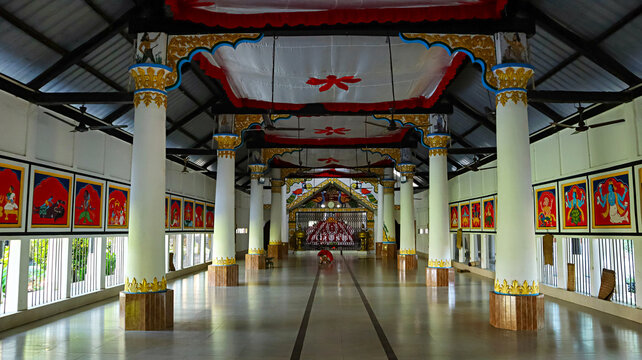Inside View of Uttara Kamalabari Satra, 18th-century temple dedicated to Lord Krishna, situated on Majuli Island, Assam, India.
