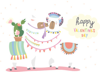 Cute friends mexican white alpaca llamas kissing. Ventines Day. Vector illustration