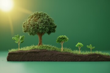 The concept of growing trees on the soil with green background for environment and ecology protection, 