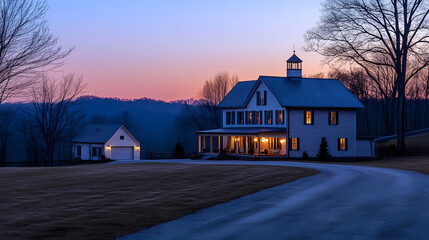 Beautiful modern farmhouse style luxury home exterior at twilight. Twilight. Illustration