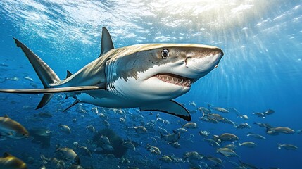 Fototapeta premium A great white shark swims in the ocean, surrounded by smaller fish. Sunlight shines from above.