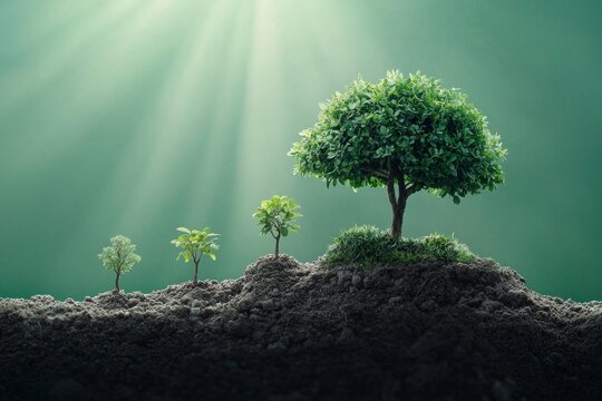 The concept of growing trees on the soil with green background for environment and ecology protection, 