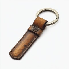 Vintage leather keychain on a white isolated background.