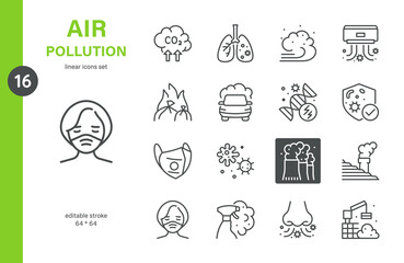 Air Pollution Line Icons Set. Vector Outline Collection of Environmental Hazards, Health Issues, and Contamination Symbols. Air Pollution Isolated and Editable Pictograms. 