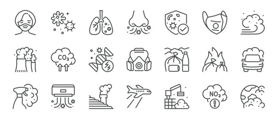 Air Pollution Icon Set. CO2, NO2, Smog, Trash Burning, Respirator Gas Mask, Factory Smoke, Particulate matter, Microbes and more. Air Emission Line Icons Collection.