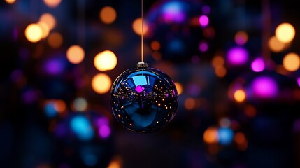 Obraz premium Reflective Christmas Ornament Hanging in a Blurred Festive Lights Background