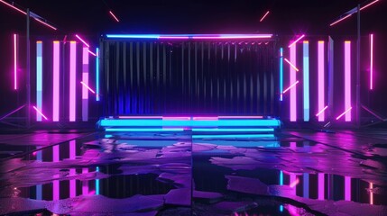 Neon Lights Reflecting on Wet Pavement