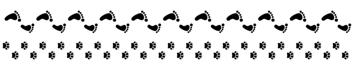Imprint human and paw animal icons on white background. Trace footprint humans and paw prints dog in vector design