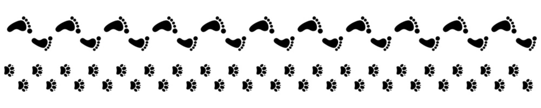 Imprint human and paw animal icons on white background. Trace footprint humans and paw prints dog in vector design
