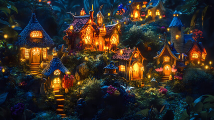 Obraz premium Enchanted fairy village illuminated by twilight glow, fairy, village, fantasy, magical, whimsical, enchanting, mystical. Twilight. Illustration