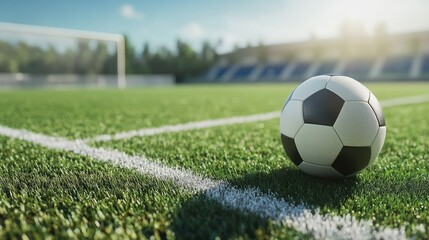 Soccer ball on a green field near the goal line.