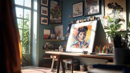 Sunlit artist's studio with artwork, desk, and supplies.