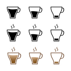 Hot coffee icon on white background. Set icon hot drink. Mocha, espresso, cappuccino, latte. Icons cup coffees in vector design style