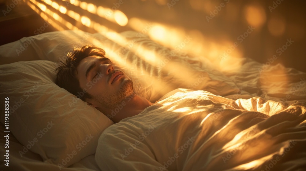 Poster Soft golden rays of sunlight filter through the curtains, illuminating a man resting serenely in bed. His expression conveys tranquility as he enjoys a restful sleep in the warmth of morning light