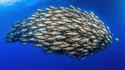 A massive school of fish, swimming in formation underwater, creating a large, dense, and mesmerizing visual spectacle.