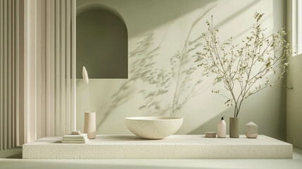 Fototapeta premium Minimalist Bathroom Decor with Natural Elements and Soft Lighting in Serene Atmosphere