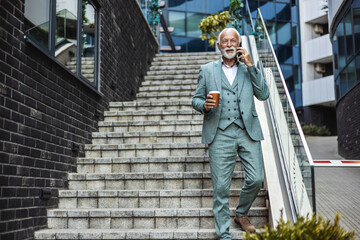 City, phone call and smile, mature businessman or lawyer outside law firm, successful legal advice discussion. Ceo, man or happy boss with coffee, 5g and smartphone, crm or networking conversation.