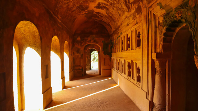 Interior view of Talatal Ghar, showcasing Ahom-style architecture, Sivasagar, Assam, India.