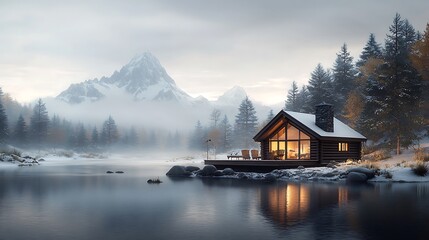 Fototapeta premium A close-up of a rustic wooden cabin in the mountains, with a stone chimney, large wooden beams, and a cozy porch with rocking chairs, surrounded by snow-covered trees and a clear winter sky, 