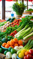 Fresh Vegetables on Wooden Display in an Open Air Traditional Market Stall with Vibrant Seasonal Produce and Local Goods
