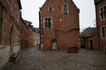 Cobblestone alleyway between historic brick buildings.  Old-world charm.  European architecture.