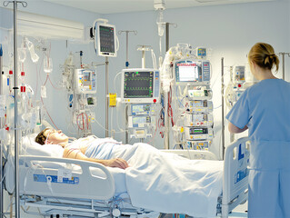 Modern hospital intensive care unit with medical equipment and healthcare professionals attending a patient. Clean sterile environment with advanced life support systems.