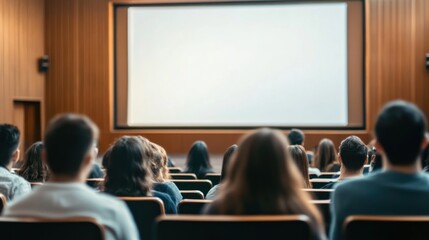 A large audience sits in a lecture hall facing a blank screen, waiting for a presentation to begin.