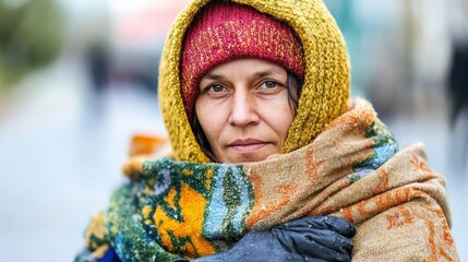 Woman bundled in warm clothing outdoors on a cold day.