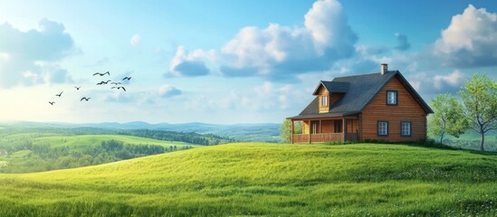 beautiful green grass meadow with wooden house and blue sky with birds in flight banner background