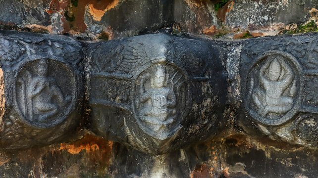 Historic carvings of human figures on Shiva Dol, Sivasagar, Assam, India.