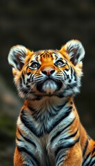 Obraz premium Young tiger cub gazes curiously at its surroundings in a lush habitat during daylight hours