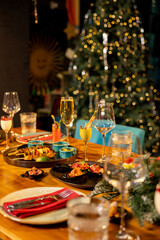 Mexican food and drinks. Restaurant service. A festive table set for Christmas and New Year