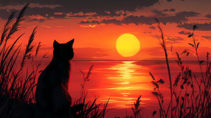 A cat gazes at a sunset over a tranquil sea, capturing a serene moment in nature. Twilight. Illustration