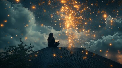 Girl reading on rooftop under starry sky with magical glow