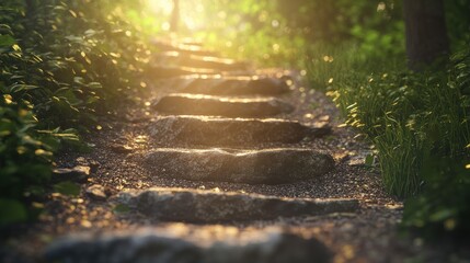 Stone steps leading up a pathway through lush greenery with sunlight shining through the trees.