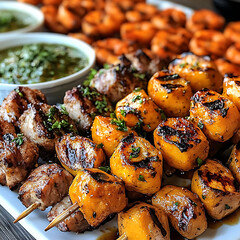 Well-Cooked Beef Steak and Sausages on a Barbecue with Corn and Shrimp