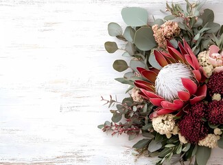 A bouquet of Australian native flowers, including an exaggerated waratah and eucalyptus leaves, arranged on the right side with space for text at the top.