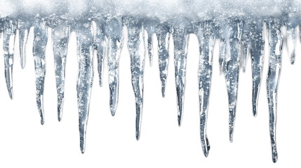 A row of icicles on a transparent background. They hang down, creating the effect of natural melting of ice.