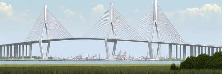 Fototapeta premium A large cable-stayed bridge spanning a body of water with industrial structures in the background.