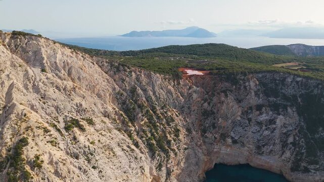 Aerial drone view of the beautiful beach Porto Katsiki on the island of Lefkada in Greece.