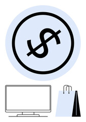 Dollar sign within a circle, shopping bag, TV screen suggest concepts of money exchange, commerce, and digital purchases. Ideal for online shopping, e-commerce, finance, business digital marketing