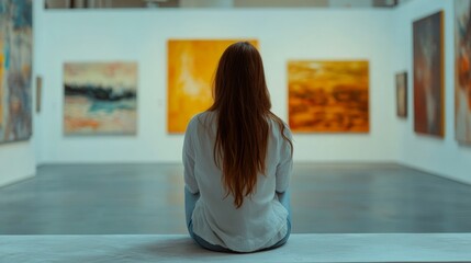 Woman admiring art in gallery.