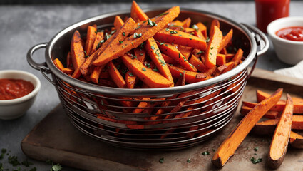 Sweet potato fries in a wire basket, topped with ketchup, and more ketchup in small bowls.

