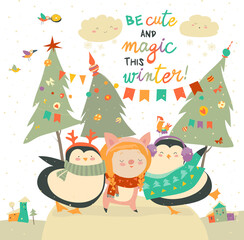 Cute cartoon penguins friends hugging girl in pig costume. Vector illustration